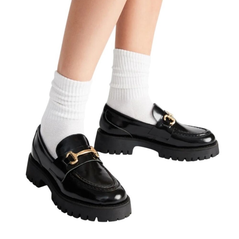 Steve Madden Lando Black Leather Chunky Lug Sole Platform Loafer